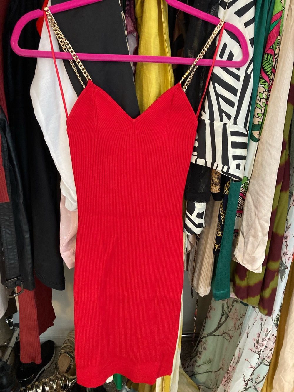 Michael Kors Red Ribbed Chain-Strap Mini Dress